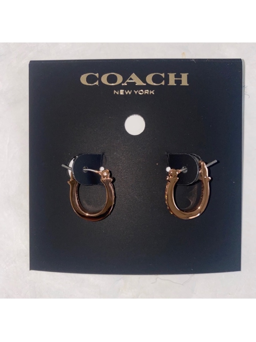 COACH Pave Signature Huggie Earrings Rose Gold Hinged Snap Back Closure $78 - Picture 3 of 5